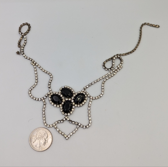 Black & Clear Rhinestones Necklace Silver Tone Vintage Statement Hook Clasp 16" - Picture 8 of 11